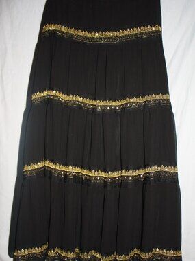 Body Central Black Tiered Maxi Skirt with Gold Accents, Size Small